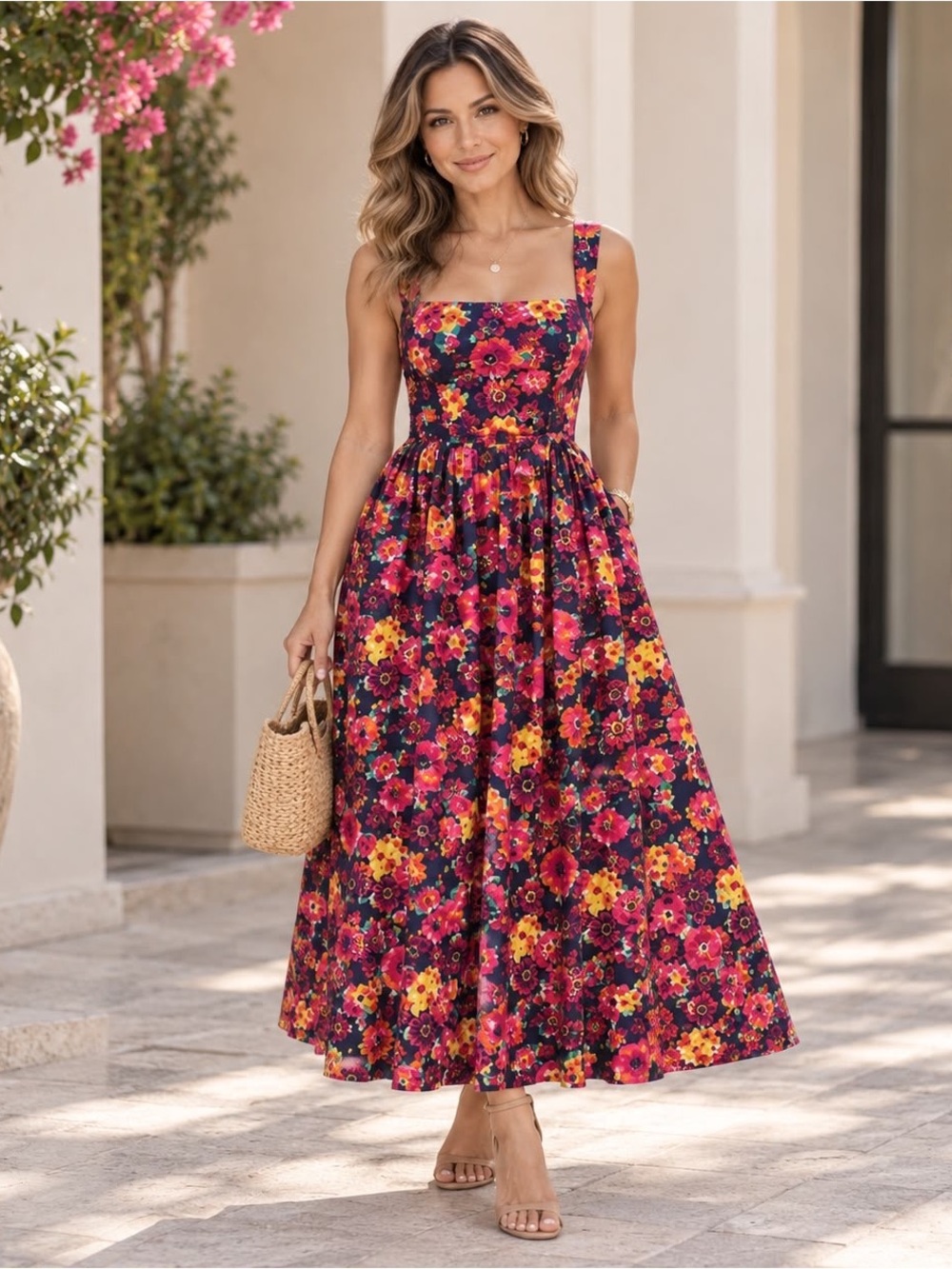 Italian Floral Cotton Corset Fit & Flare Maxi Dress Lusio NWOT Size M